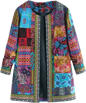 Women's Trench Short Jacket Coat Floral Print Jacket Chinese Style Patchwork Outwear