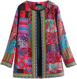 Women's Trench Short Jacket Coat Floral Print Jacket Chinese Style Patchwork Outwear
