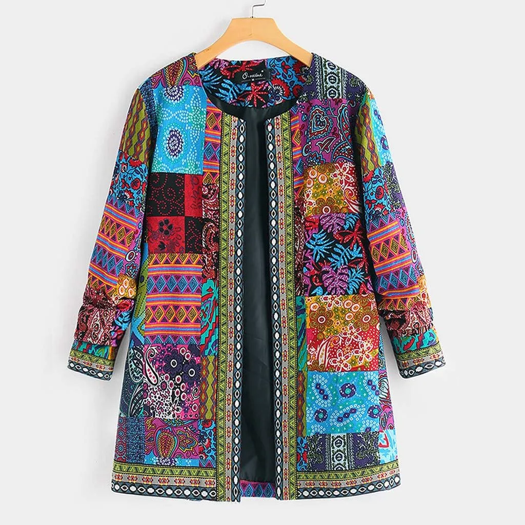 Women's Trench Short Jacket Coat Floral Print Jacket Chinese Style Patchwork Outwear