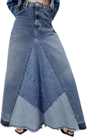 Women's Vintage Denim Maxi Skirt Frayed Hem High Waist A-Line Patchwork Long Retro Jean Skirts with Pockets Y2K