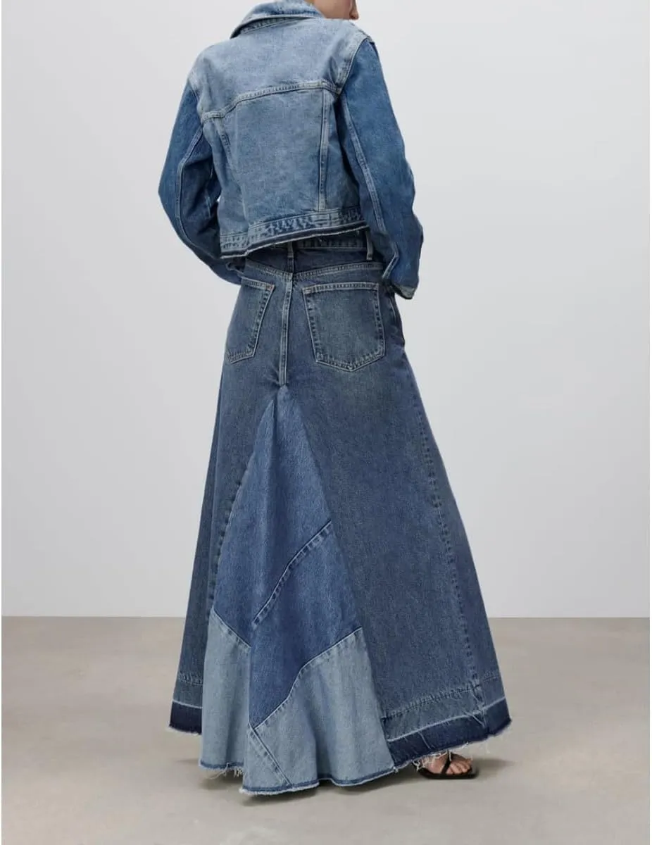 Women's Vintage Denim Maxi Skirt Frayed Hem High Waist A-Line Patchwork Long Retro Jean Skirts with Pockets Y2K