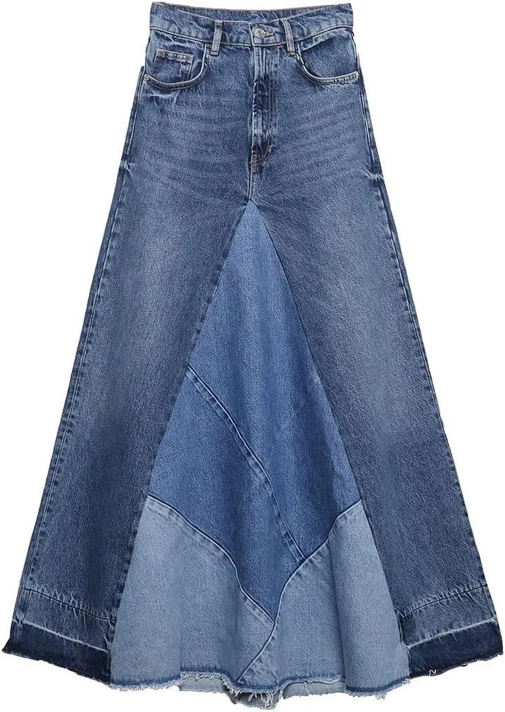 Women's Vintage Denim Maxi Skirt Frayed Hem High Waist A-Line Patchwork Long Retro Jean Skirts with Pockets Y2K
