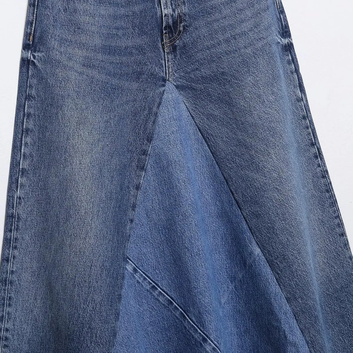 Women's Vintage Denim Maxi Skirt Frayed Hem High Waist A-Line Patchwork Long Retro Jean Skirts with Pockets Y2K