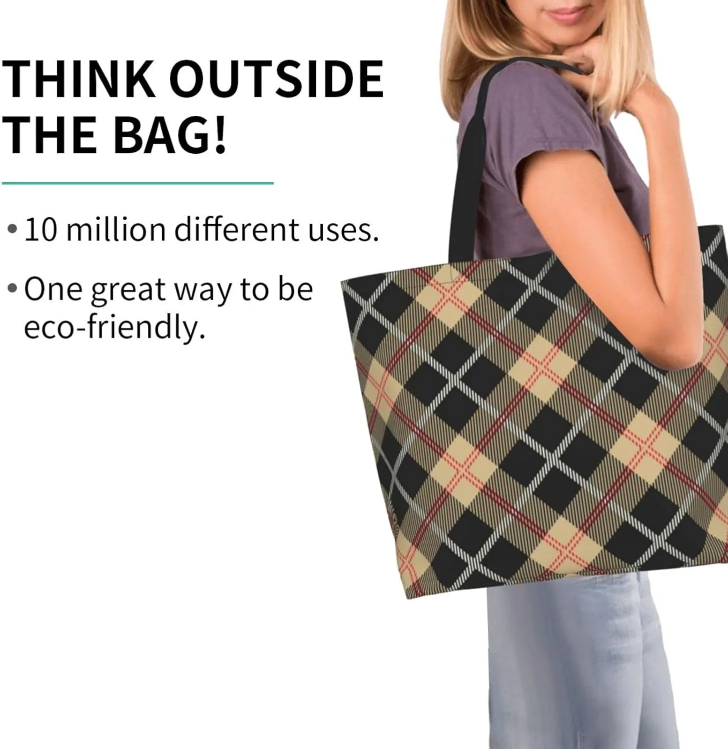 Yellow and Black Tartan Pattern Women's Tote Bag Large Capacity Single Shoulder Bags Handbag for Shopping Work