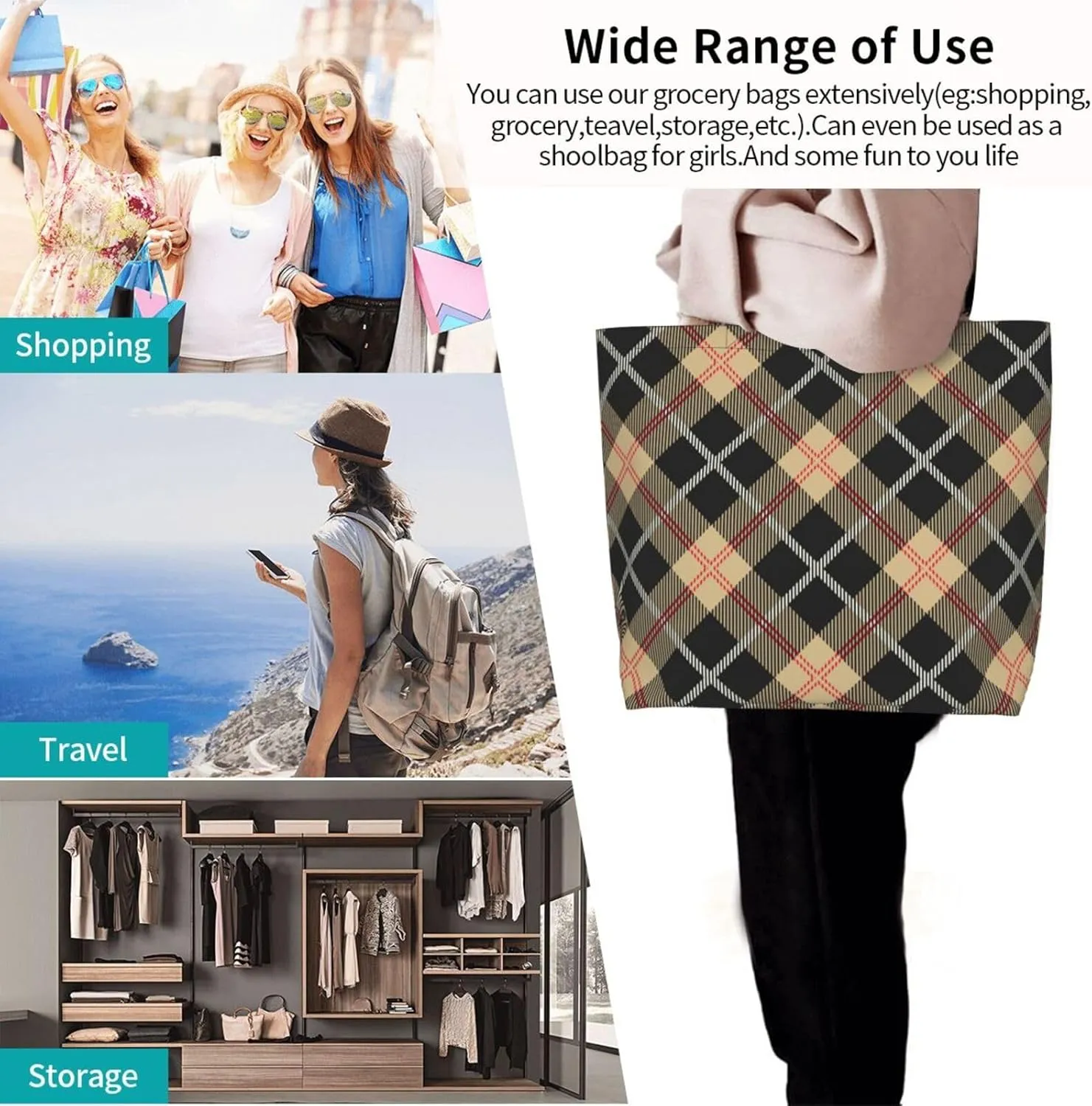 Yellow and Black Tartan Pattern Women's Tote Bag Large Capacity Single Shoulder Bags Handbag for Shopping Work