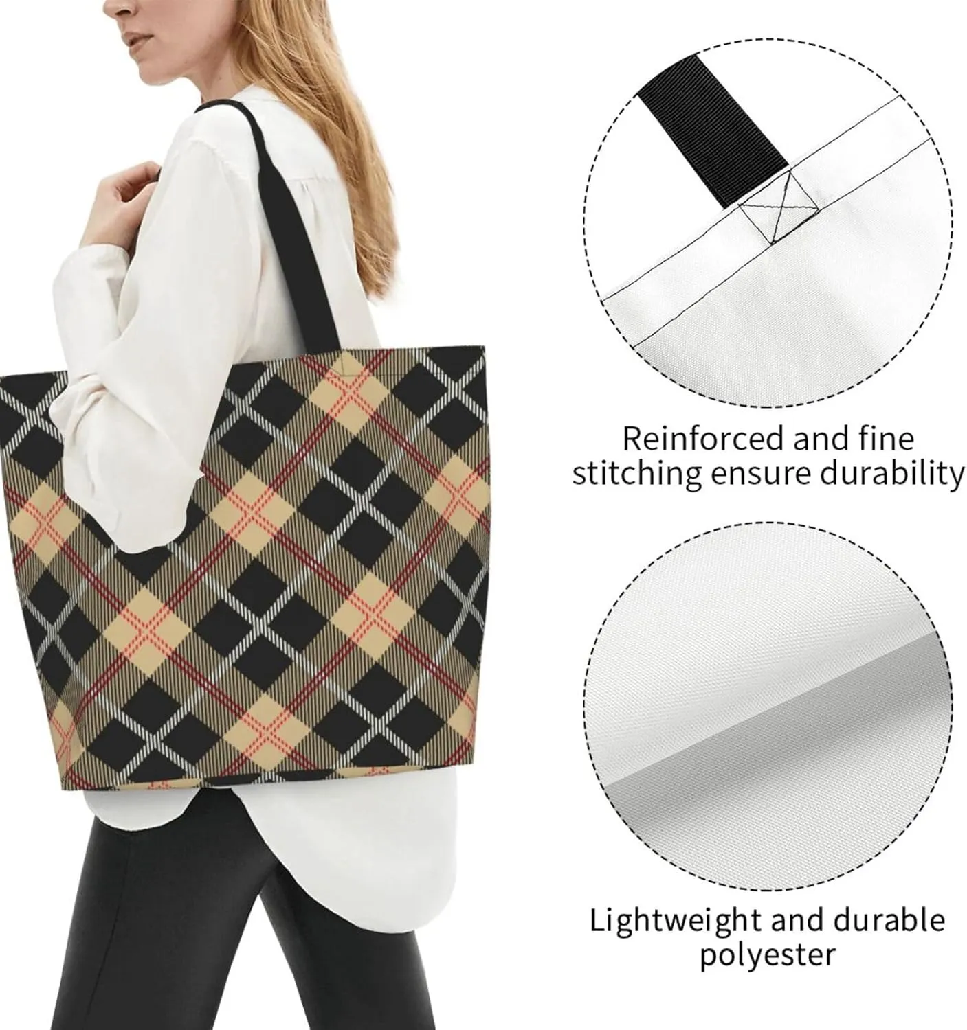 Yellow and Black Tartan Pattern Women's Tote Bag Large Capacity Single Shoulder Bags Handbag for Shopping Work