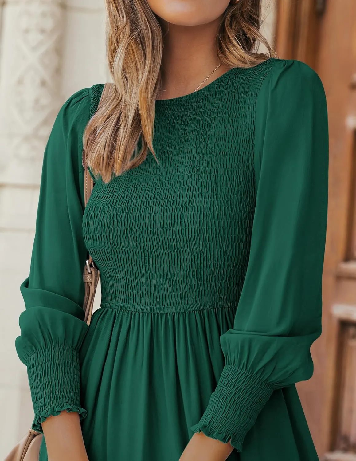 ZESICA Women's Casual Long Sleeve Crew Neck High Waist Smocked Flowy Tiered Midi Dress