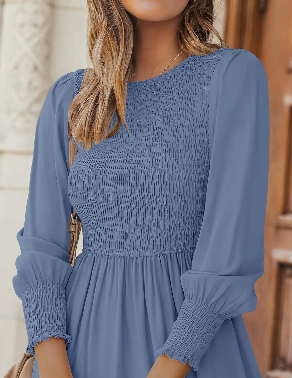 ZESICA Women's Casual Long Sleeve Crew Neck High Waist Smocked Flowy Tiered Midi Dress