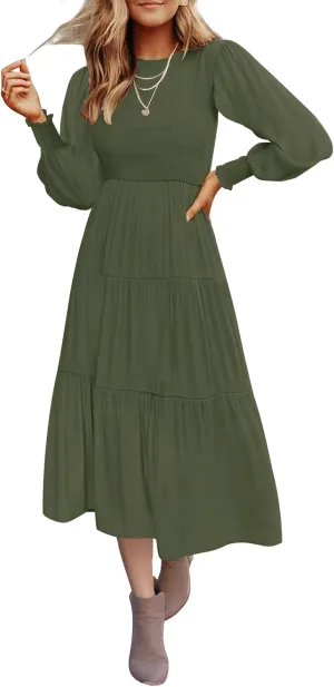 ZESICA Women's Casual Long Sleeve Crew Neck High Waist Smocked Flowy Tiered Midi Dress