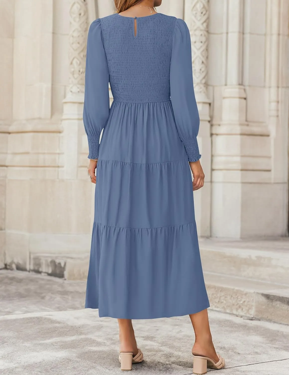 ZESICA Women's Casual Long Sleeve Crew Neck High Waist Smocked Flowy Tiered Midi Dress