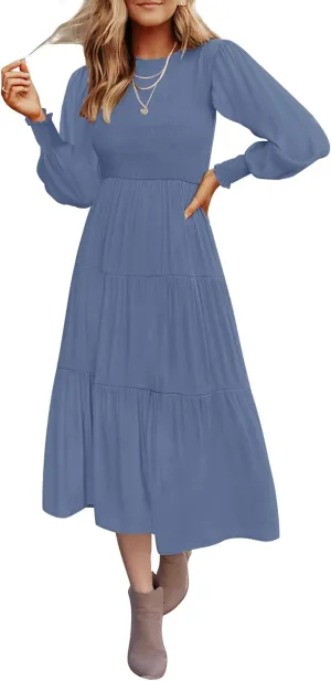 ZESICA Women's Casual Long Sleeve Crew Neck High Waist Smocked Flowy Tiered Midi Dress