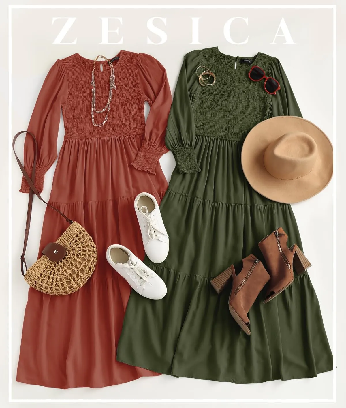 ZESICA Women's Casual Long Sleeve Crew Neck High Waist Smocked Flowy Tiered Midi Dress