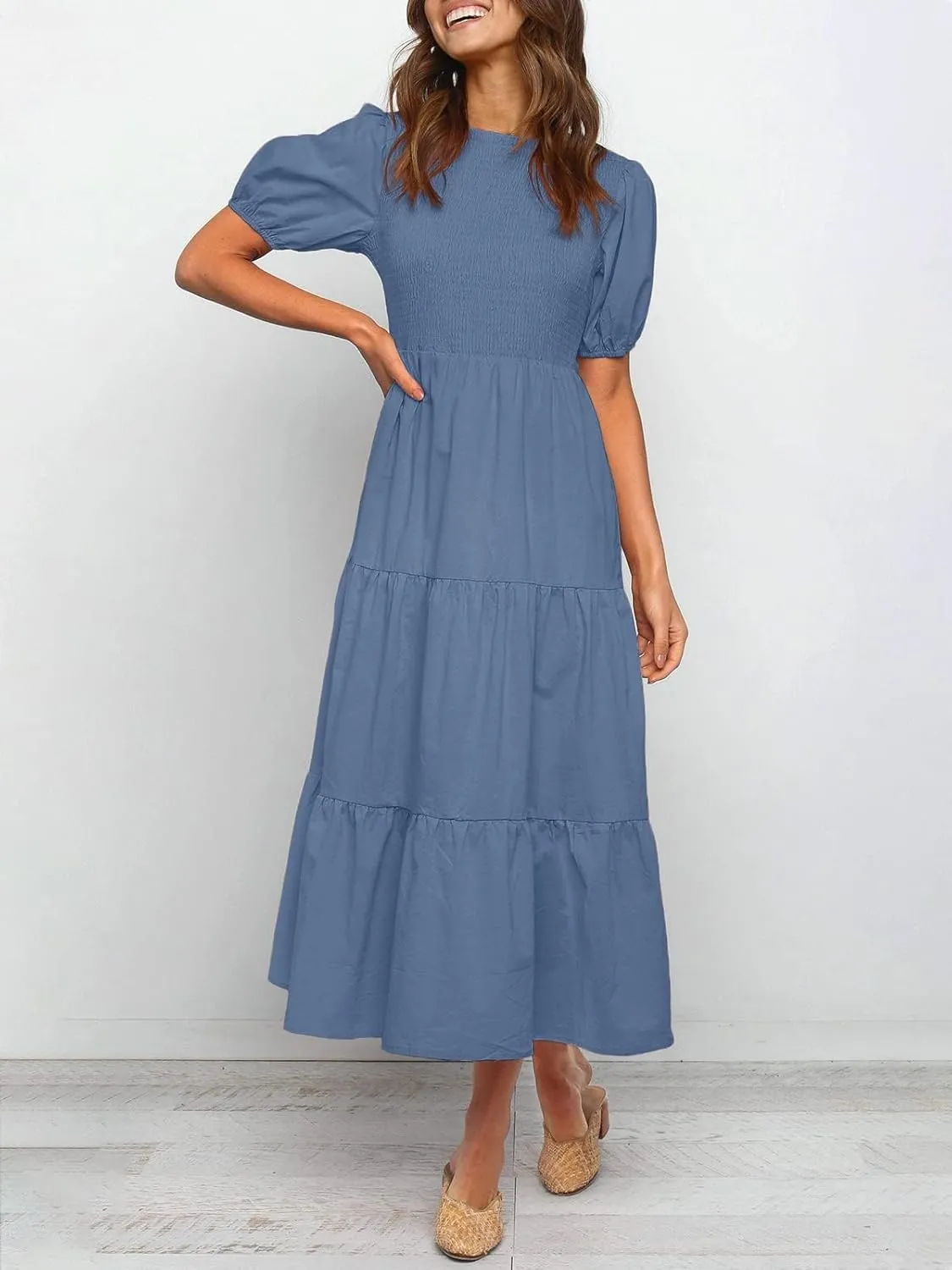 ZESICA Women's Casual Summer Crew Neck Short Puff Sleeve Smocked High Waist Ruffle Tiered A Line Midi Dress