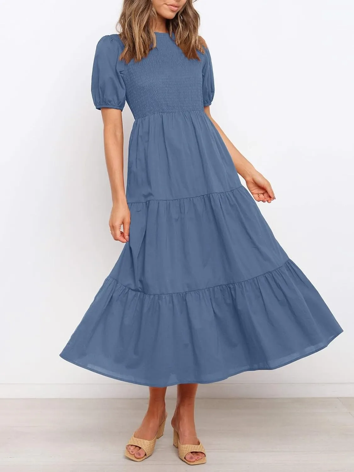 ZESICA Women's Casual Summer Crew Neck Short Puff Sleeve Smocked High Waist Ruffle Tiered A Line Midi Dress