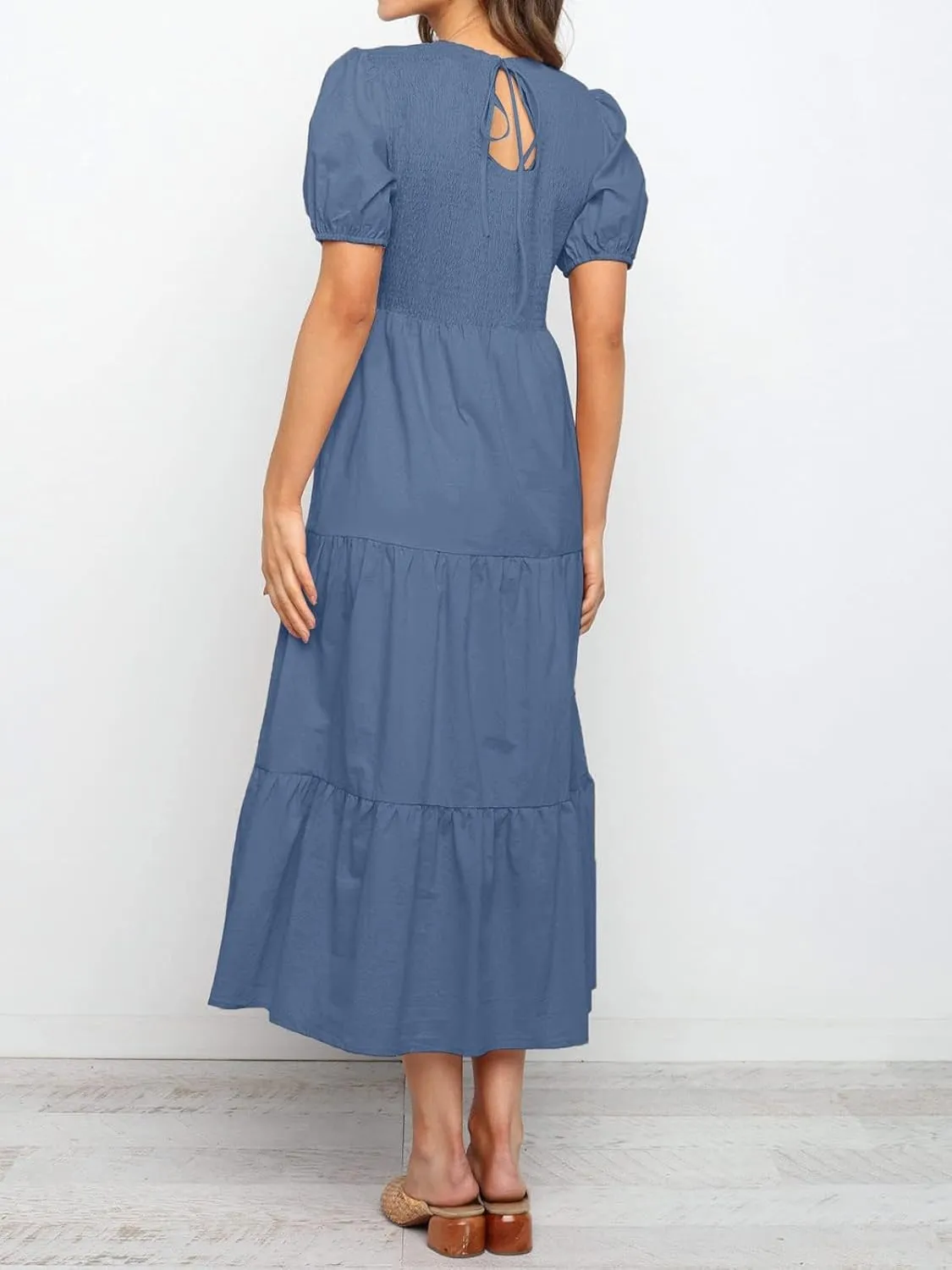 ZESICA Women's Casual Summer Crew Neck Short Puff Sleeve Smocked High Waist Ruffle Tiered A Line Midi Dress