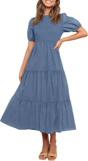 ZESICA Women's Casual Summer Crew Neck Short Puff Sleeve Smocked High Waist Ruffle Tiered A Line Midi Dress