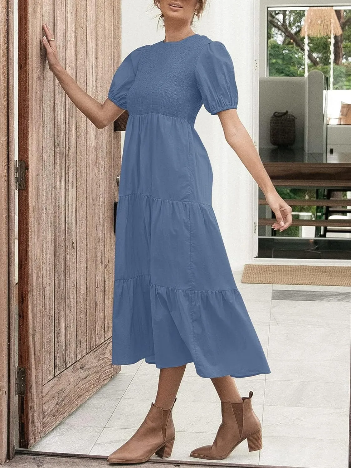 ZESICA Women's Casual Summer Crew Neck Short Puff Sleeve Smocked High Waist Ruffle Tiered A Line Midi Dress