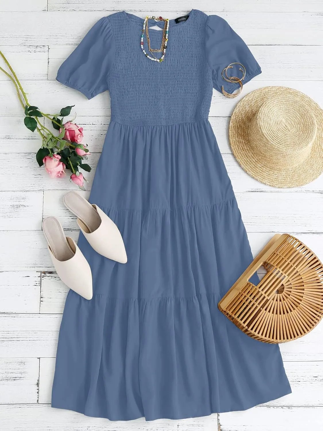 ZESICA Women's Casual Summer Crew Neck Short Puff Sleeve Smocked High Waist Ruffle Tiered A Line Midi Dress