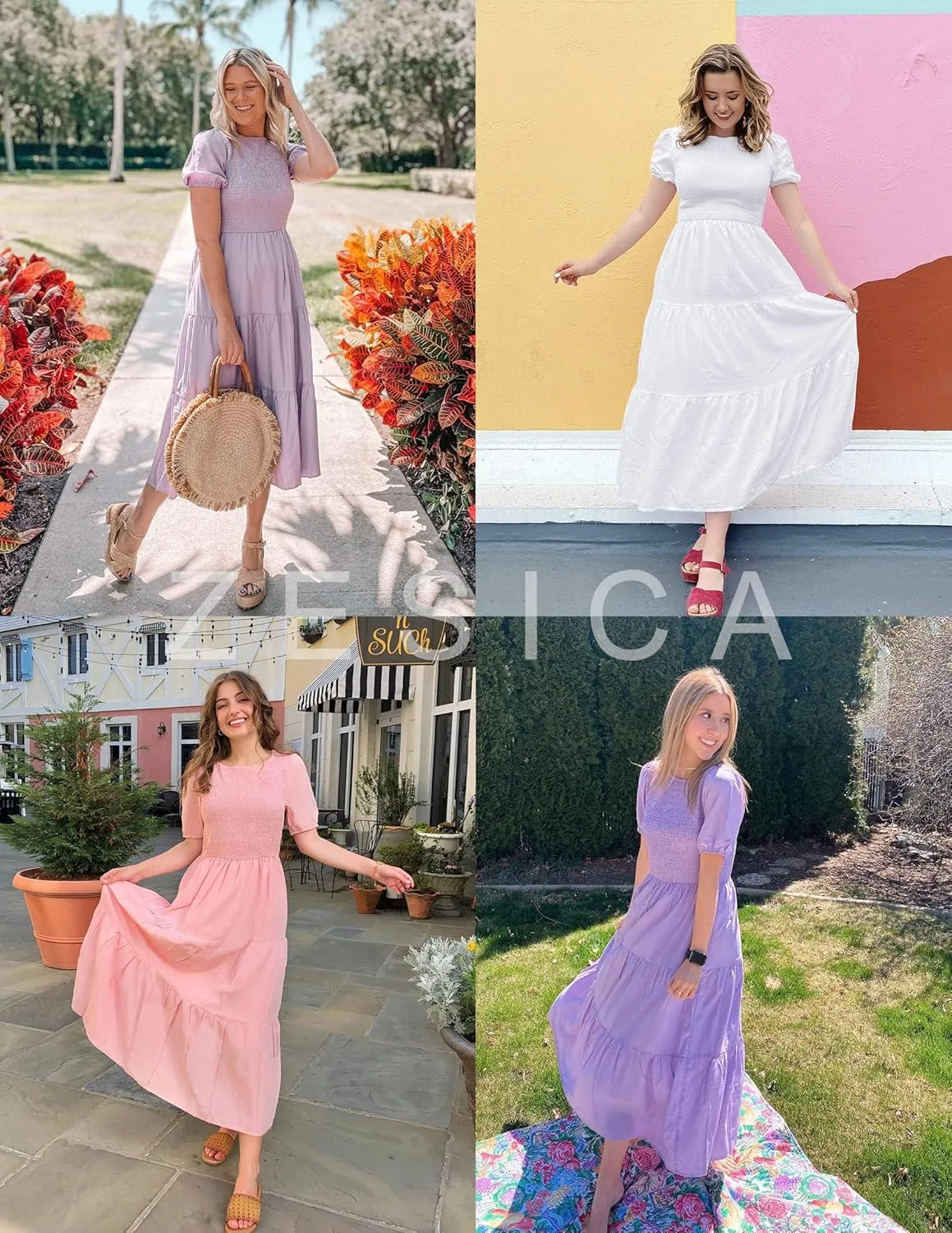 ZESICA Women's Casual Summer Crew Neck Short Puff Sleeve Smocked High Waist Ruffle Tiered A Line Midi Dress